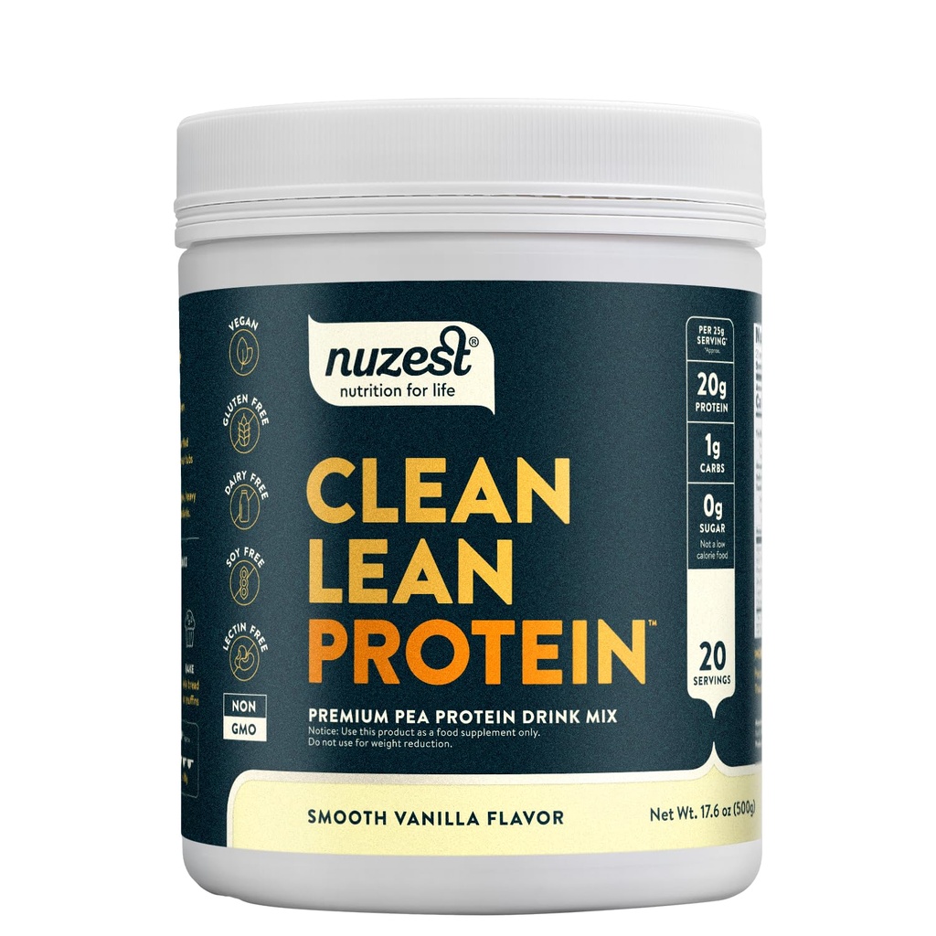 Nuzest - Pea Protein Powder - Clean Lean Protein, Premium Vegan Plant based, Dairy Free, Gluten Free, GMO Free, Naturally Sweetened Protein Shake, Smooth Vanilla, 20 서빙, 1.1 lb