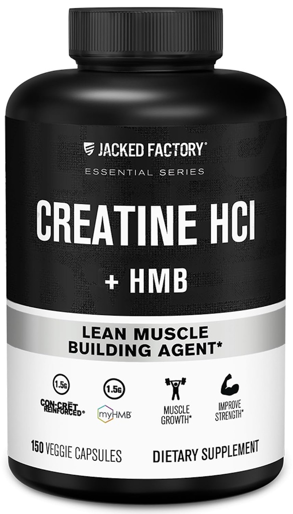 Jacked Factory Creatine HCL + HMB 캡슐 - Synergistic CON-CRET, myHMB, & 개선 된 성장, 힘, 및 감소 된 근육 고장을위한 비타민 D 공식 - 150 캡슐