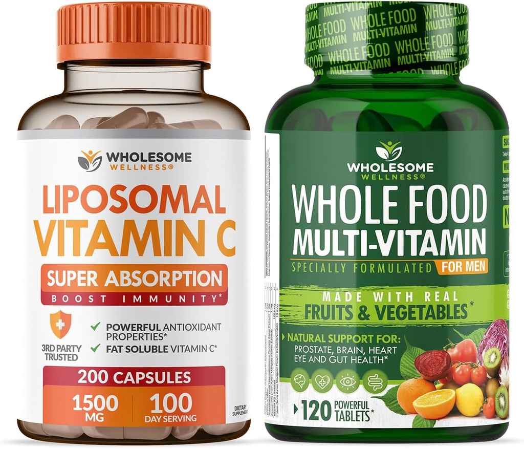 Wholesome Wellness Liposomal 비타민 C 캡슐 (200 알약 1500mg 완충기) 남자를 위한 높은 흡수 + 음식 Multivitamin - 자연적인 다 비타민, 무기물, 유기 추출물 뭉치