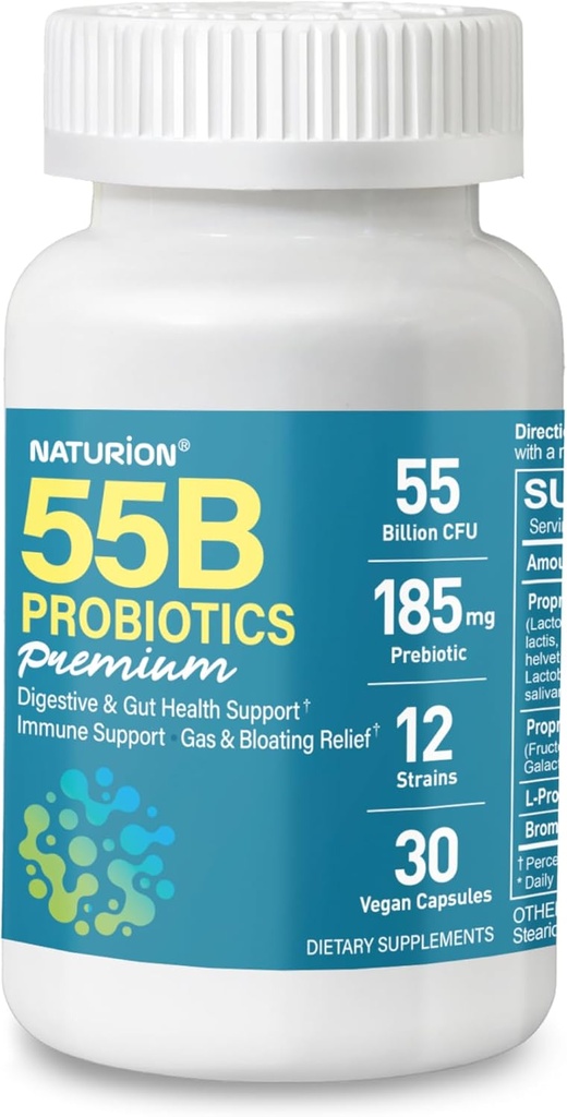 55B Probiotics 프리미엄 - 55 억 CFU, 12 Strains, 185mg Prebiotic - 면역 지원, 소화 및 구트 건강 - Occasional 변비, 가스 및 Bloating 지원 - 30 Vegan 캡슐, 30 일 공급
