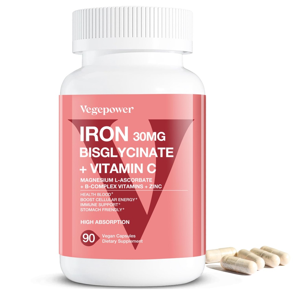 여성 남성용 철 보충제, Vegan Iron Bisglycinate 30mg Plus Vitamin C, B12, Folic Acid - Anemia, Health Blood & Energy Support - Gentle, High Absorption, Non-GMO - 90 캡슐 용 철 알약