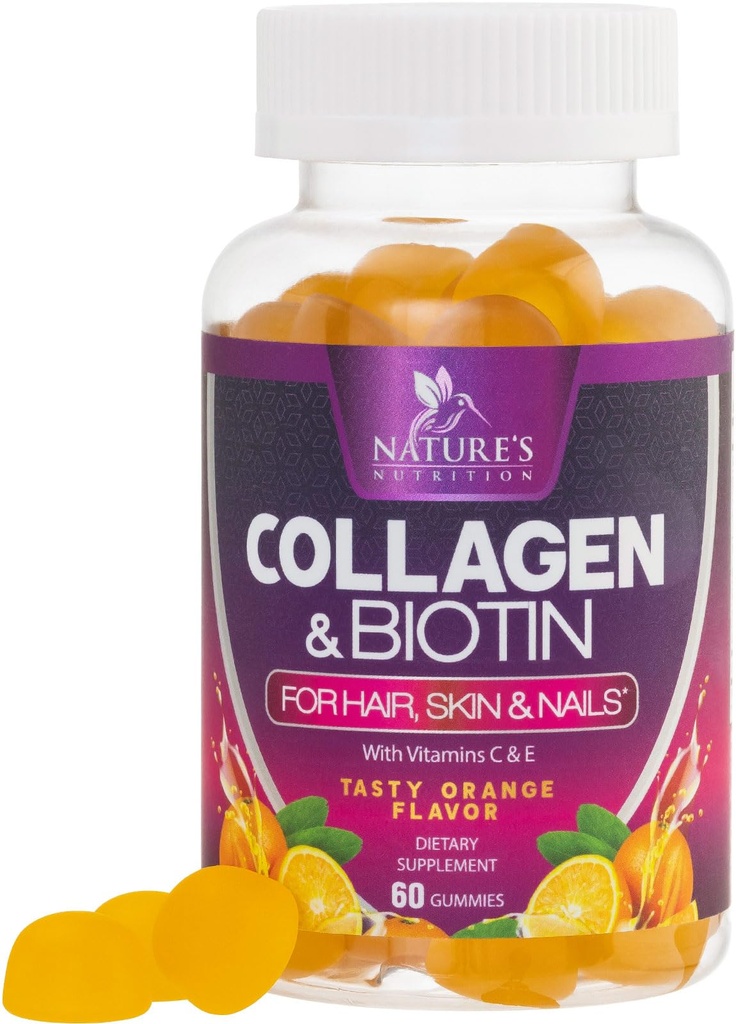 2500mcg Biotin, 비타민 C & 아연을 가진 교원질 Gummies - 가수분해된 교원질 펩티드 유형 1 & 3 보충교재 - 여자 & 남자를 위한 진보된 머리, 피부 & 못 성장 지원, 글루텐 자유로운, 비 GMO - 60 조사