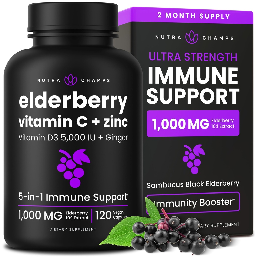 비타민 C와 아연을 가진 NutraChamps Elderberry - 1개의 Immunity 보충교재, 비타민 D3 5000 IU를 가진 10,000mg Sambucus 검정 Elderberry 캡슐, 성인을 위한 Sambucus Elderberry 추출물 Immune 지원