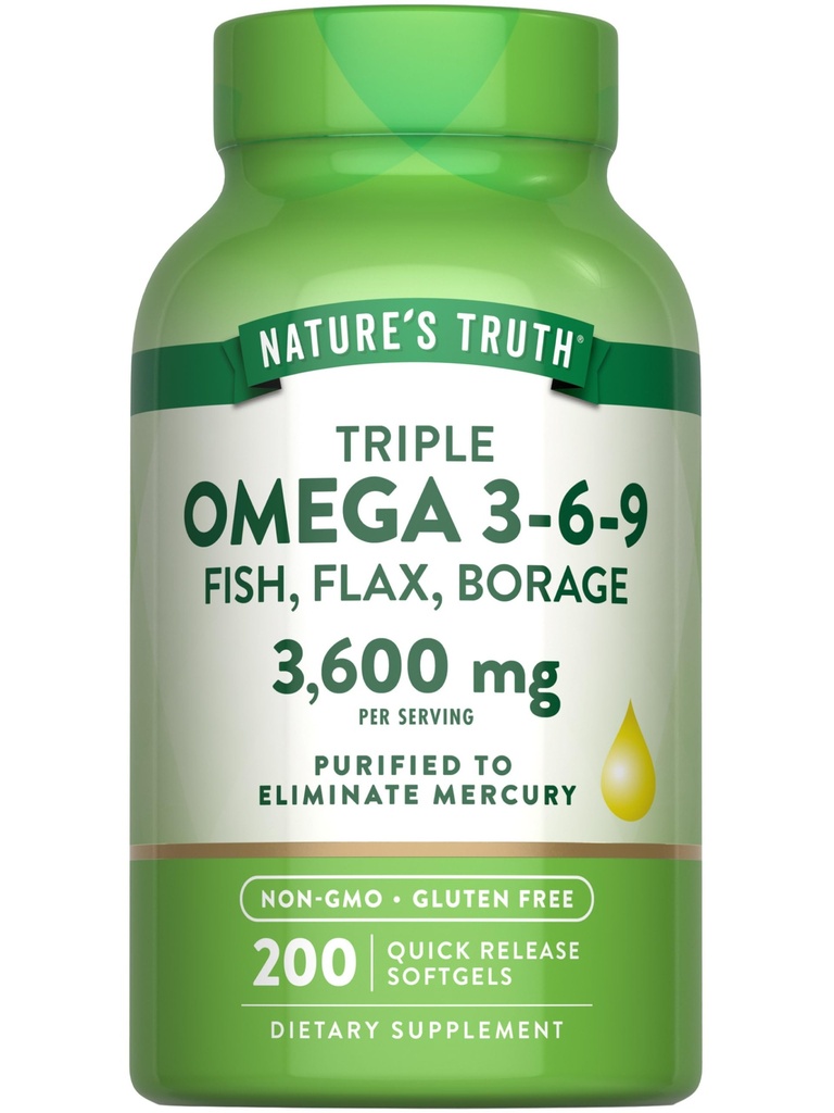 자연의 진실 트리플 오메가 3 6 9 | 3600mg | 200 Softgels | 물고기, Flax, Borage Oils | 비 GMO & 글루텐 무료 보충