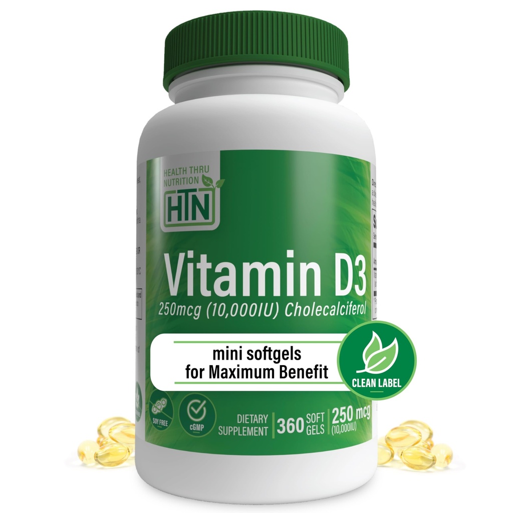 건강 목 영양 비타민 D3 10,000iu 360 최대 혜택 년 공급을위한 미니 소프트 젤 | 250mcg Cholecalciferol | 3rd Party Tested | Non-GMO USP 유기 EVOO의 급료 | 면역력