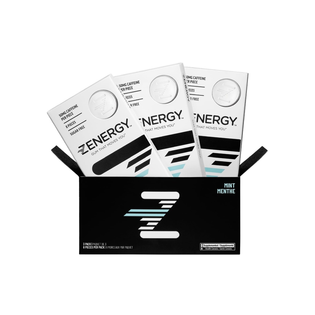 ZENERGY 에너지 껌 - 민트 풍미 | 50mg 카페인 + 35% B6와 45% B12 비타민 | Vegan, 0 설탕, 0 칼로리, 0 글루텐, 0 아스파, 비 GMO, 인스턴트 행동 | 3 팩 = 24 조사