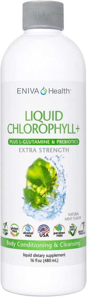 Eniva Health Liquid Chlorophyll Super Green | 24K MG with Prebiotic & L-Glutamine | 민트 맛 | 피부, 면역력, 에너지, 해독, 과트 건강 | Vegan, 글루텐 & 알코올 프리 | 48 인분 | 미국제