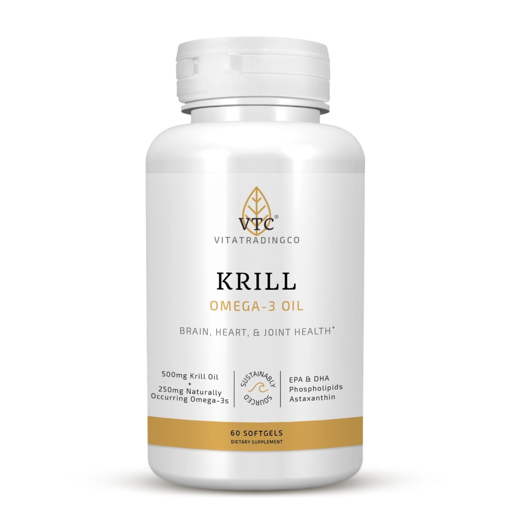 VTC VitaTradingCo. Krill Omega-3 오일 보충 | 100mg 순수 남극 Neptune Krill 오일 (NKO) | EPA 및 DHA Astaxanthin | 뇌, 심장, 관절 및 눈 지원 | 60 Softgel