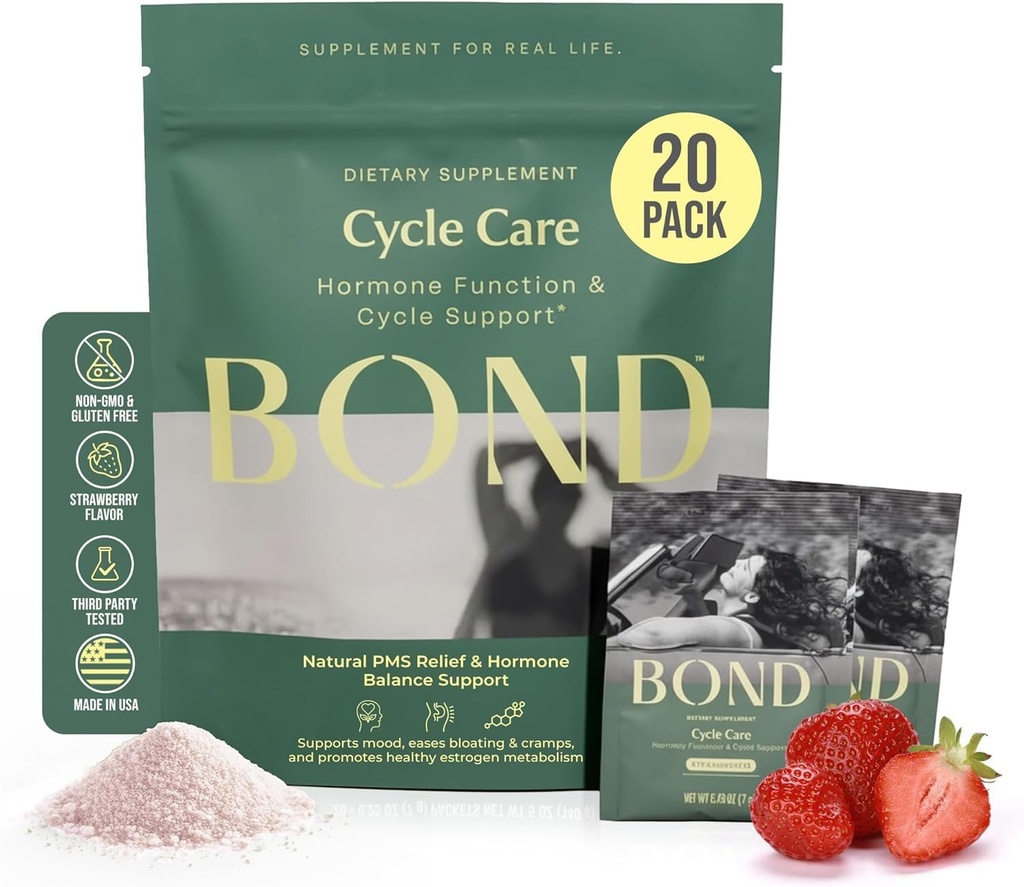 BOND 사이클 케어 - PMS 지원 여성을위한 보충 및 호르몬 균형 - Ashwagandha, L-Tryptophan, 마그네슘, 크림 & 무드 릴리프, 딸기 음료 혼합 - 20 여행 팩