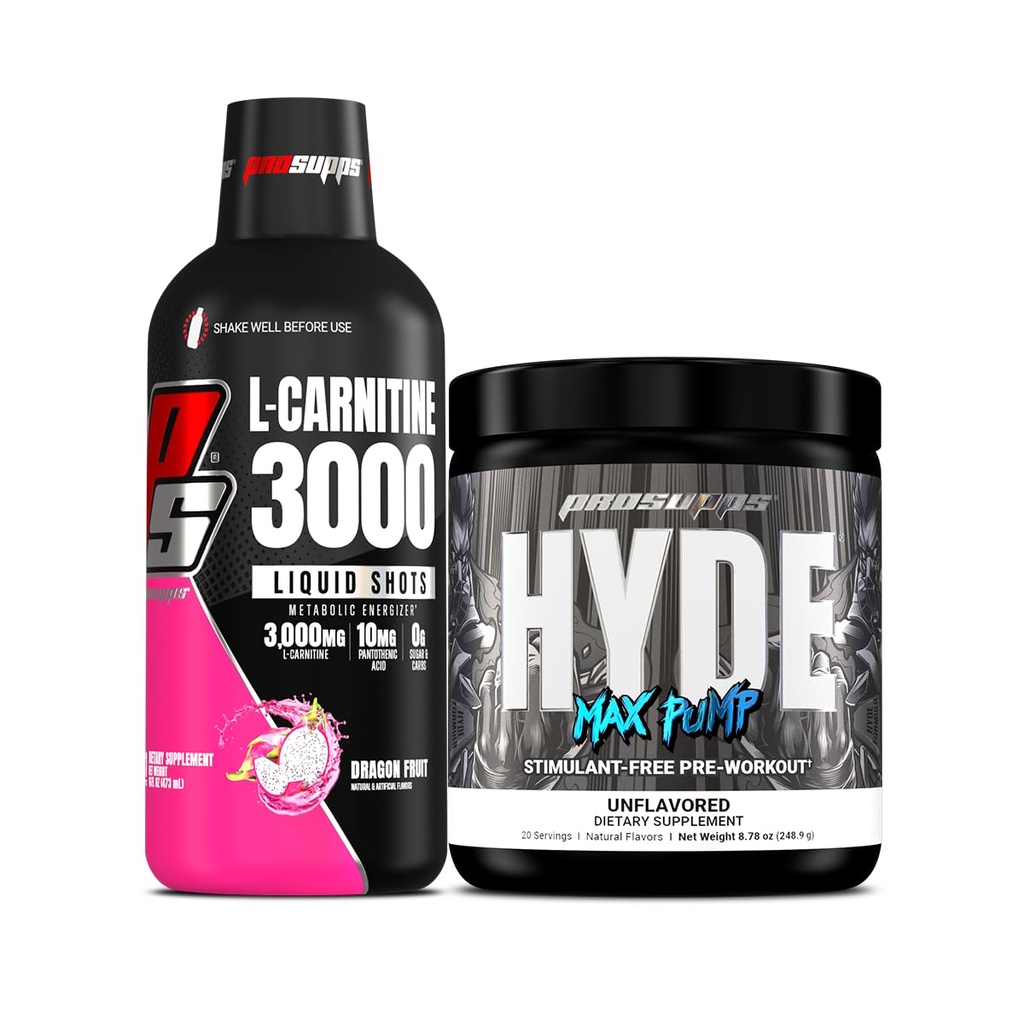 PROSUPPS L-Carnitine 3000 자극제 무료 액체 탄 (31 서빙, 드래곤 과일) 및 Hyde Max Pump Pre Workout for Men and Women (20 서빙, Unflavored) 번들