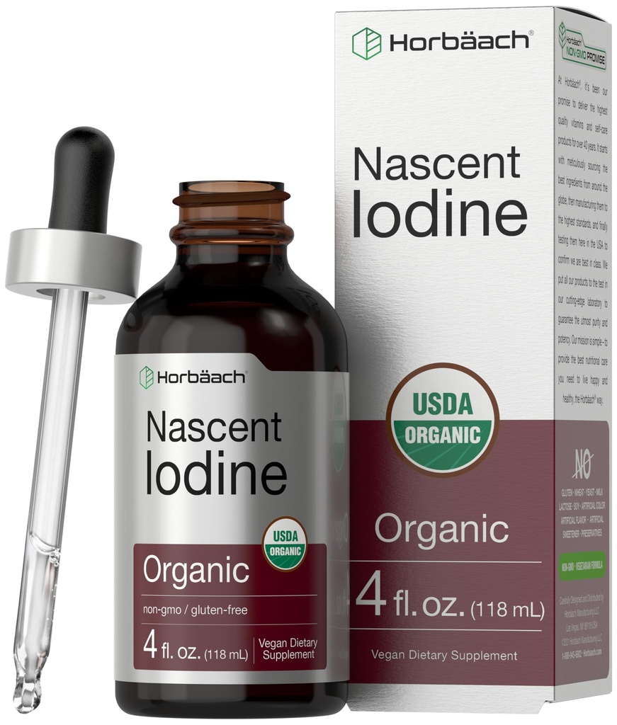 Horbaach Nascent Iodine Drops | 4 Fl Oz | 유기 액체 Tincture 보충교재 | 칼륨 이오드라이드 | Vegan, Non-GMO, 글루텐 프리