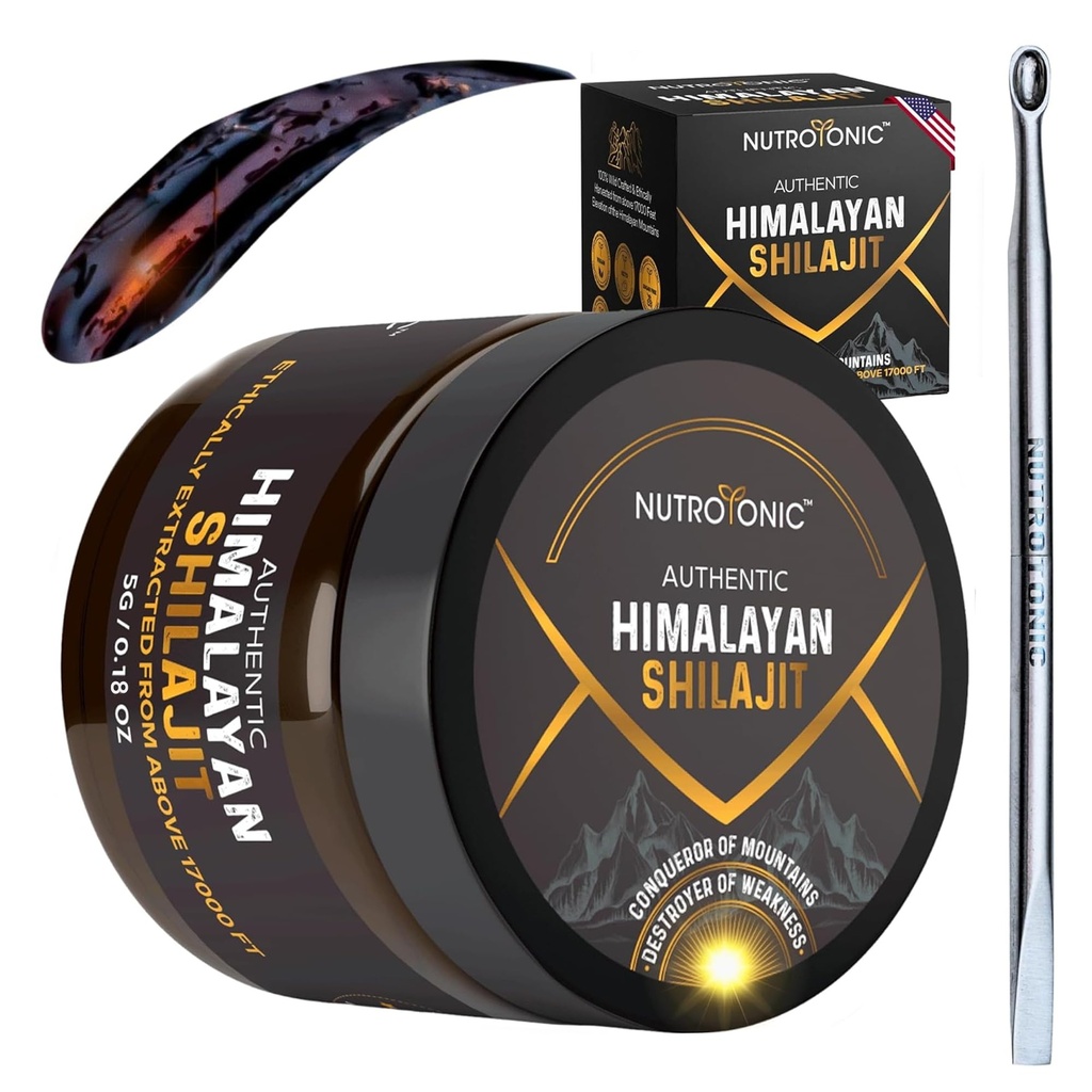 NutroTonic® Authentic Himalayan Shilajit Resin for Men & Women - 골드 등급 86% Fulvic 산 - 와일드 크래프트 +17000 FT - 40x 나노 필터링 및 선 건조 - 3rd 파티 실험실 테스트 - 5g 항아리