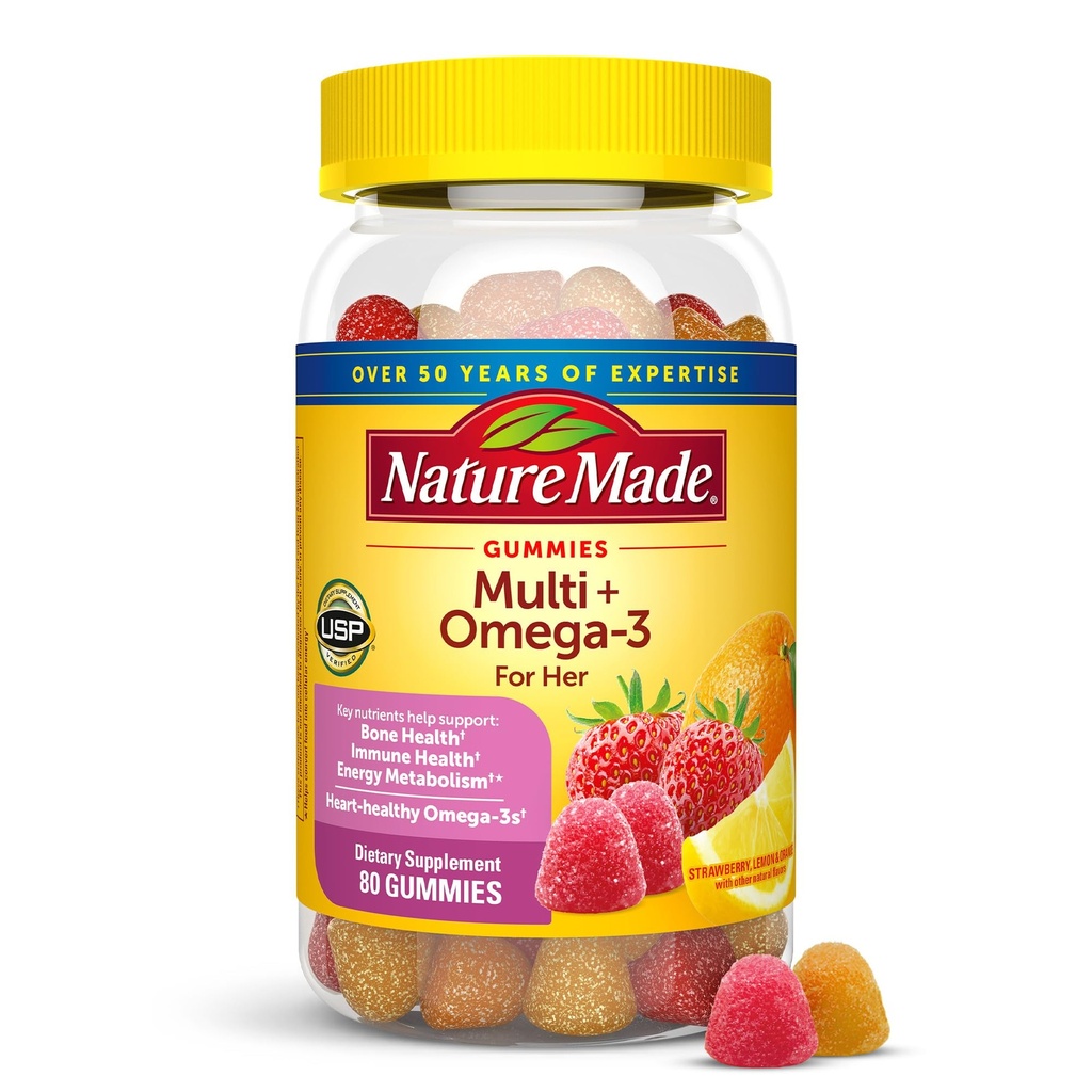 Nature Made Womens Gummy Multivitamins with Omega-3, 매일 영양 지원, 80 Gummies, 40 일 공급 여성 멀티 비타민