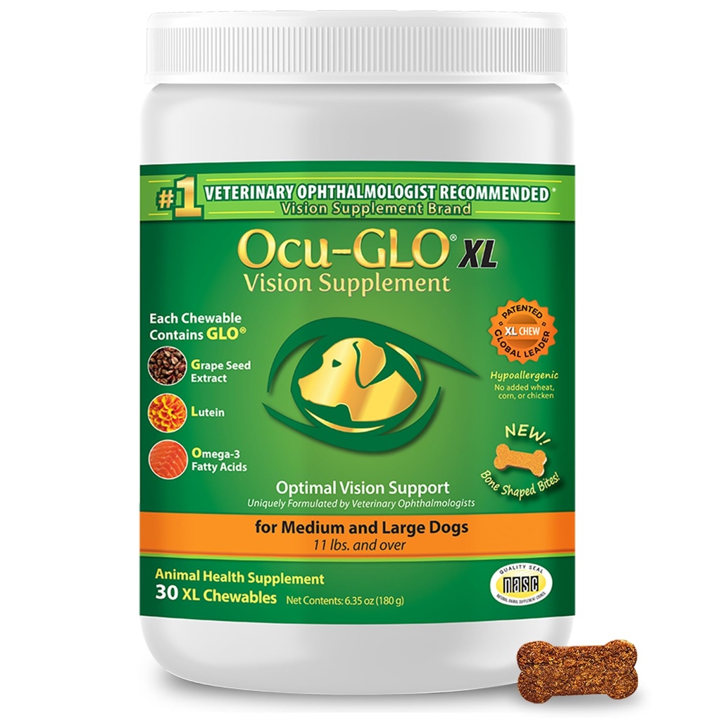 Ocu-GLO Cat & Dog for Eye Support - Lutein, Omega-3 지방산, 포도씨 추출물 & 산화 방지제 30 XL Chewables를 가진 크고 작은 애완 동물 배려를 위한 Chewable 시각 보충교재