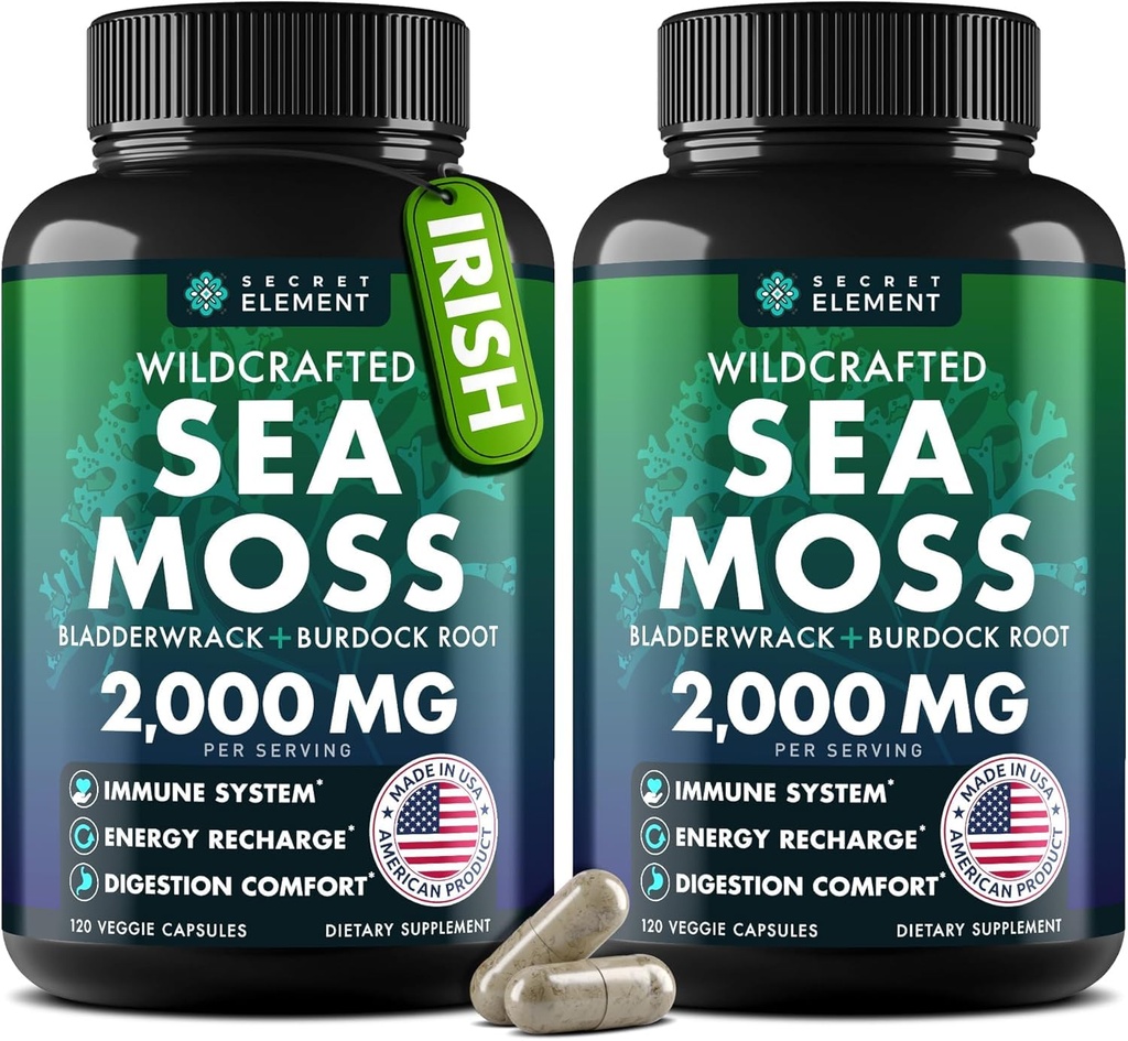 Sea Moss 캡슐 - 아일랜드어 Sea Moss Burdock 뿌리, Bladderwrack & Muira Puama Immunity, Gut, & Energy - Superfood Sea Moss 보충제 w / Raw Sea Moss 파우더 (2 팩)