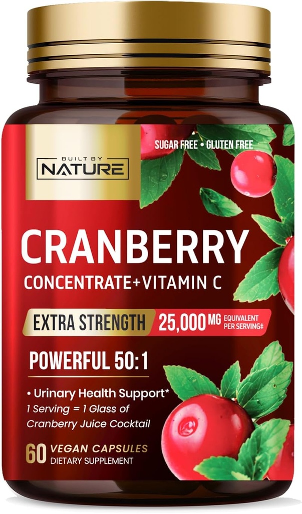 Nature Cranberry Pills 25,000mg - 추가 강도 50 : 1 비타민 C와 농축 추출물 - 여성을위한 Urinary Tract Health Supplement - Non-GMO, Sugar Free, Vegan - 60 캡슐