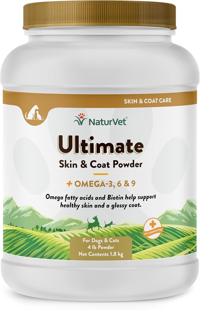 NaturVet Ultimate Skin & Coat Powder Pet Supplement for Dogs & Cats – Omegas 3, 6, 9, Biotin, Vitamins – For Healthy Dog Coats, Cat Skin – 애완 동물을위한 맛있는 음식 토퍼 – 4 파운드.