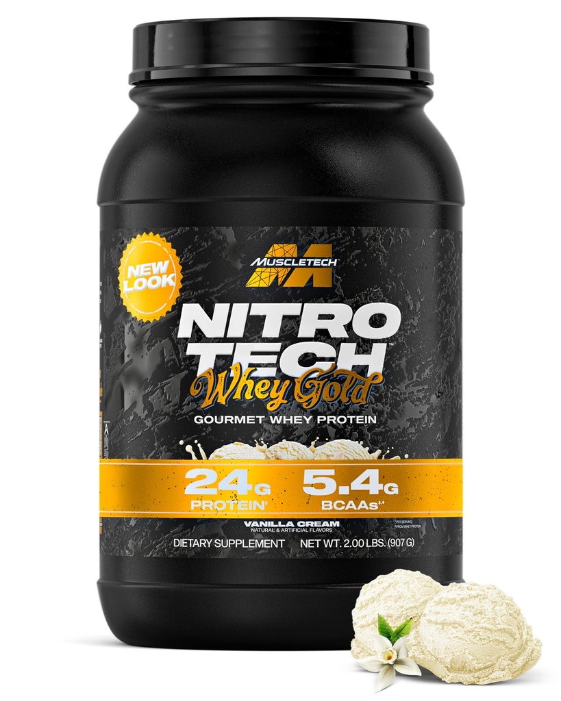 MuscleTech Whey Protein Powder (Vanilla Cream, 2LB) - Nitro-Tech Whey Protein Isolate Smoothie Mix for Lean Muscle & Recovery - 여성 및 남성을위한 Whey Gold 24g - 포장 May Vary