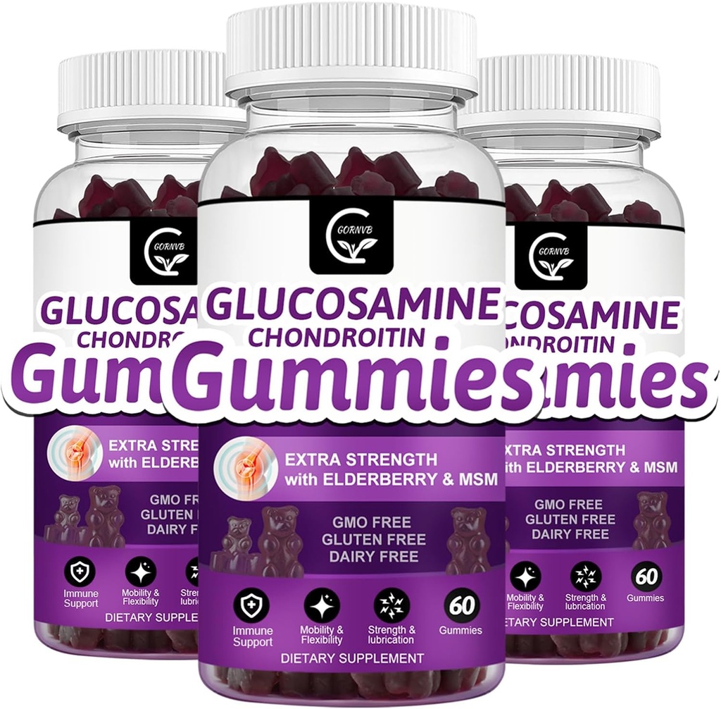 Glucosamine Chondroitin Gummies MSM 및 Elderberry - 추가 강도 이동성 및 유연성 지원, 성인, 남성 및 여성을위한 산화 면역 계통 - 60 Chondroitin Gummies (3 팩)