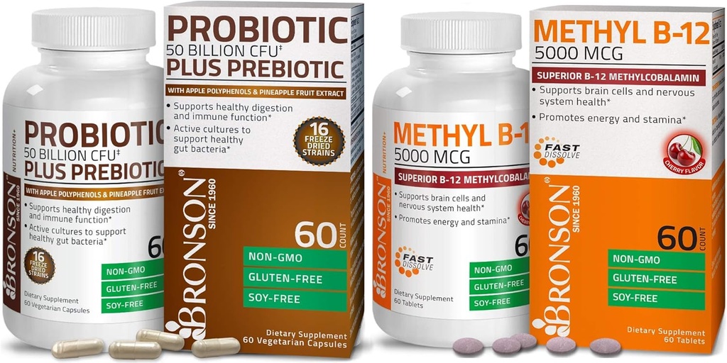 Bronson Probiotic 50 억 CFU + 애플 폴리 페놀 & 파인애플 과일 추출물 + 메틸 B12 5000 mcg 비타민 B12 Methylcobalamin를 가진 Prebiotic