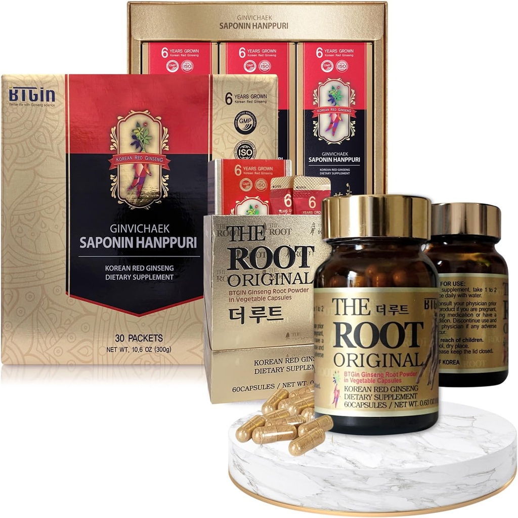 한국 빨간 인삼 추출물 3000mg 및 캡슐 번들 - Saponin Hanppuri + 뿌리 고유 - 면역 지원, 스트레스 완화, 초점 및 정신 Clarity에 대한 천연 에너지 보조제 Ginsenoside Rg3