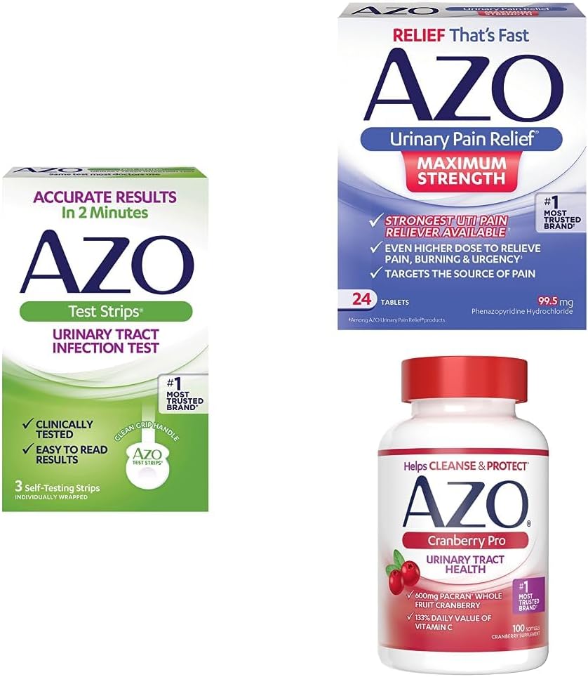 AZO UTI 통증 완화 번들 - AZO UTI 테스트 스트립 3ct, AZO Urinary 통증 완화 최대 강도 24ct, AZO Cranberry Pro 보충 100ct