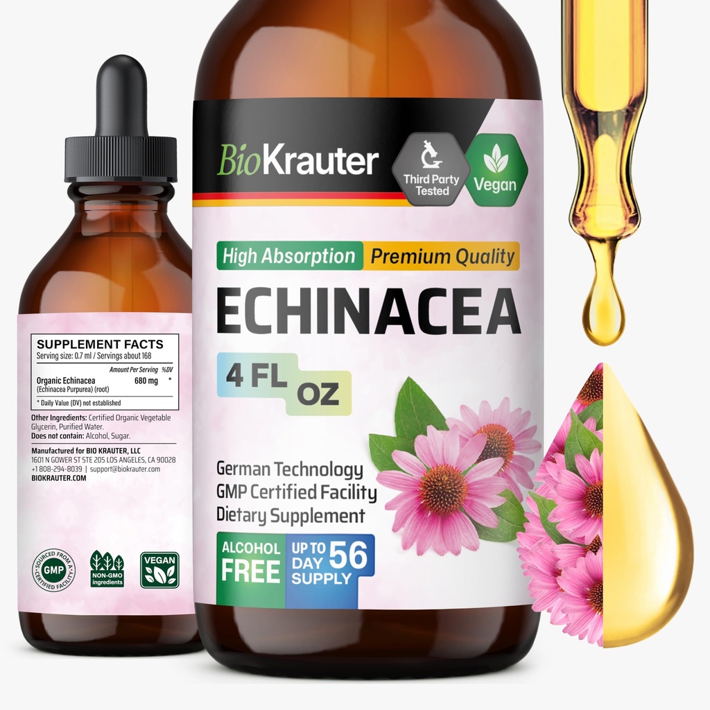 BIO KRAUTER Echinacea Drops - 자연적인 면역 지원 - Echinacea Tincture 보충교재 - 채식주의자, 알콜 & 설탕 자유로운 하락 - 4 Fl.Oz.