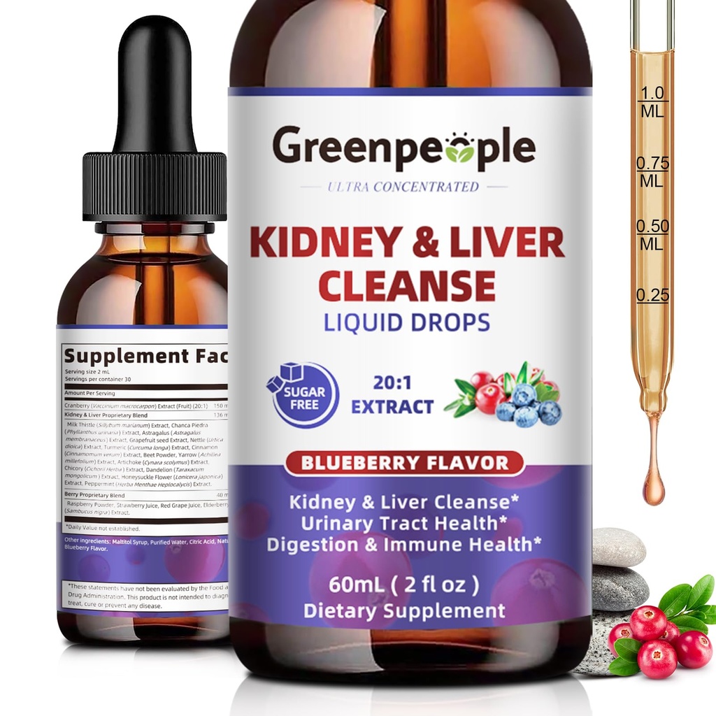 GREENPEOPLE Kidney Cleanse Detox & Repair - 27-In-1 Kidney & Liver Drops with 20:1 Cranberry Extract & Chanca Piedra, Urinary Tract & Liver Support (2 Oz 1 Pack, Blueberry) 용 알코올 무료 보충