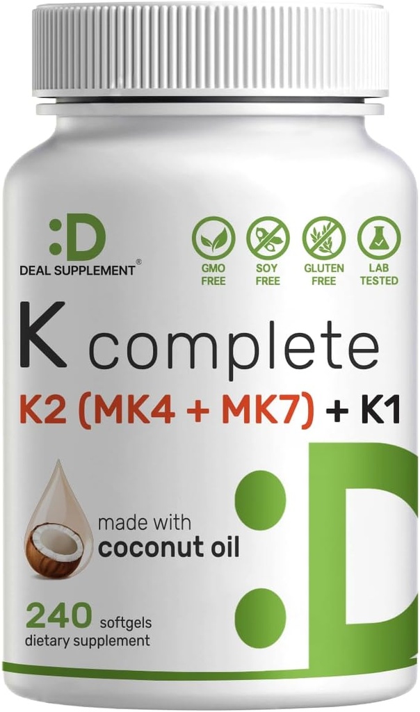 DEAL SUPPLEMENT 비타민 K Complete - 240 코코넛 오일 소프트젤 | 고기능 비타민 K2(MK-7, MK-4) & K1 | Full Spectrum Triple Vitamin K | Bone, Joint, & Immune Support – Non-GMO