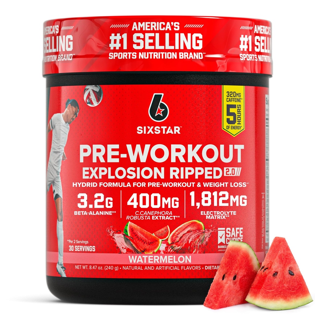 6 Star Pre-Workout 폭발, 수박 (30 서빙) - 남성 및 여성을위한 Preworkout 에너지 분말 보충 - Creatine & Beta Alanine과 사전 운동 음료 혼합 - 스포츠 영양 제품