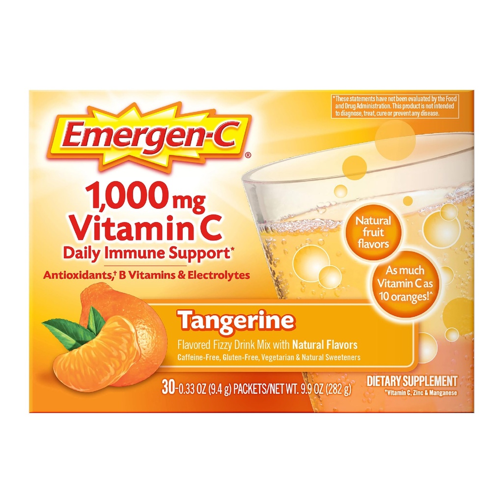 Emergen-C 1000mg 비타민 C 면역 지원 분말 Tangerine 30CT에는 아연, 망간, 7 B 비타민 및 전해질이 포함됩니다.