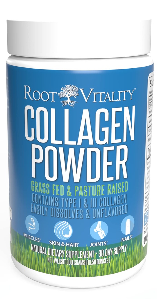 Root Vitality Collagen Peptides Powder - 피부, 헤어, & 손톱을위한 잔디 볶음, Pasture-Raised Hydrolyzed Protein Supplement - 비 GMO, Zero Sugar Daily Supplement for Men & Women (30 서빙)