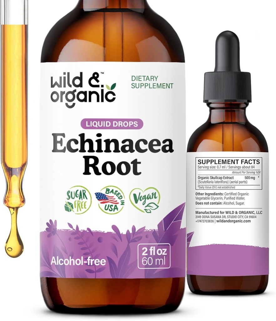 야생 & 유기 Echinacea Tincture - 액체 Echinacea 뿌리 추출물 - Angustifolia 보충제 - Vegan, Sugar & Alcohol-Free - 2 fl oz