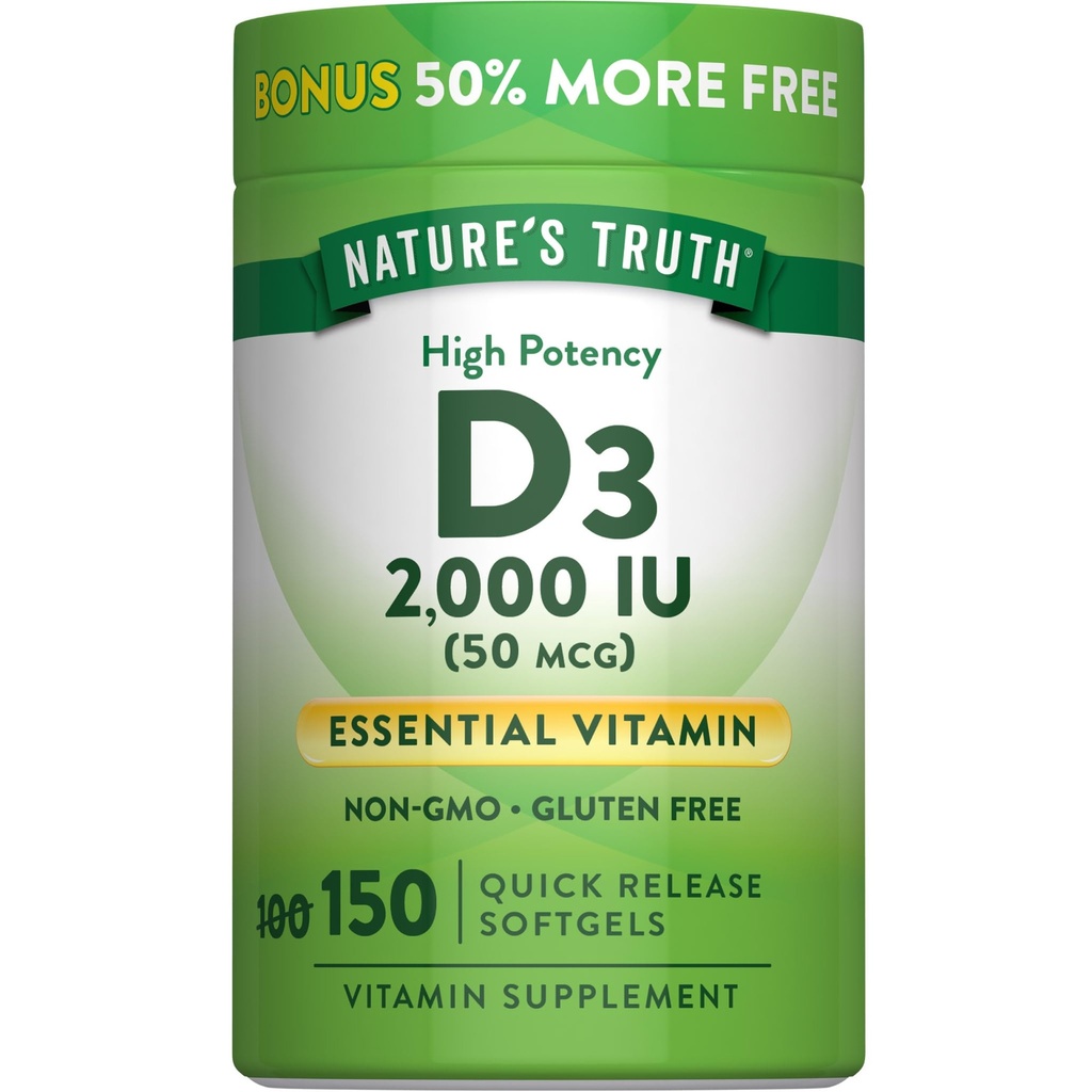 Nature's Truth Vitamin D3 2000 IU Softgels for Adults | 150 개 | 높은 효능 | 비 GMO 및 글루텐 무료 보충