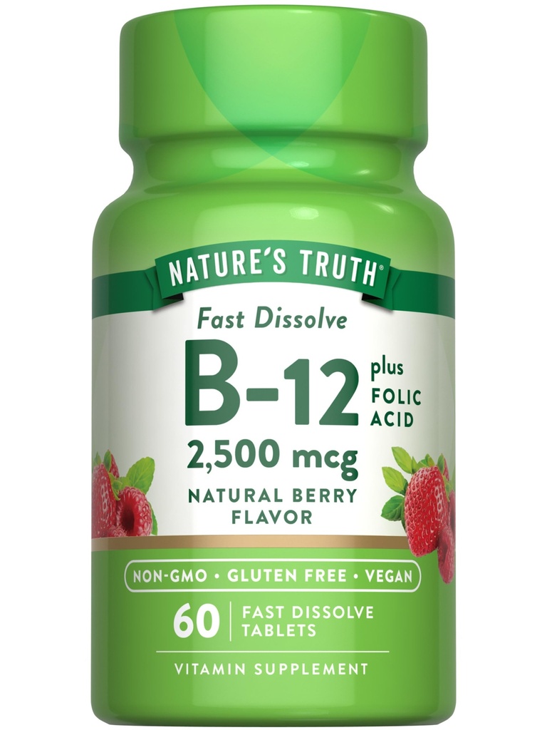 자연의 진실 B12 비타민 | 60 빠른 용해 정제 | 2500 mcg | Folic Acid | Vegan, Non-GMO & 글루텐 무료