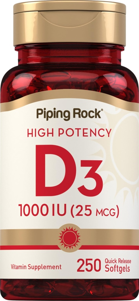 핑 락 비타민 D3 1000IU | 높은 효능 (25 mcg) | 250 Softgels | Non-GMO, 글루텐 무료 보충