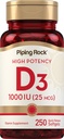 핑 락 비타민 D3 1000IU | 높은 효능 (25 mcg) | 250 Softgels | Non-GMO, 글루텐 무료 보충