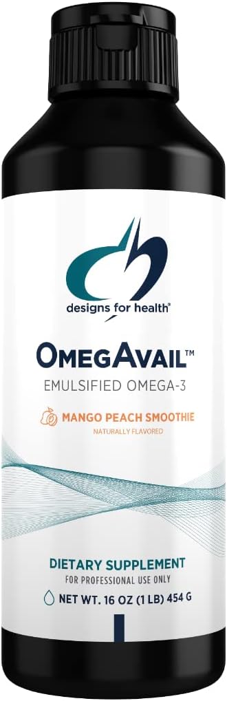 건강 OmegAvail 스무디를위한 디자인 - 오메가 3 TG 트리글리세라이드 생선 오일 에멀젼 DHA + EPA - 심혈관 + 뇌 지원, 망고 복숭아 맛 (43 서빙 / 16oz)