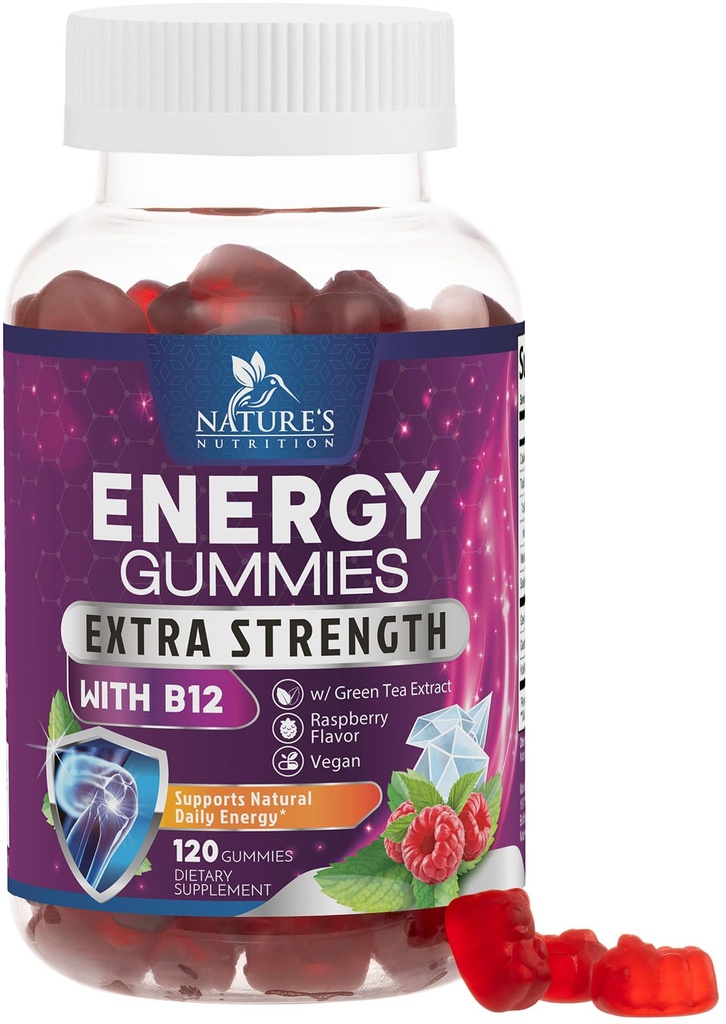 에너지 Gummies 1000mcg - 비타민 B12, 녹차 천연 카페인 지원, 매일 에너지 Gummies - Delicious Berry 풍미 B12 Chewable 운동 보충 사이클 & 스포츠 - 120 Chews