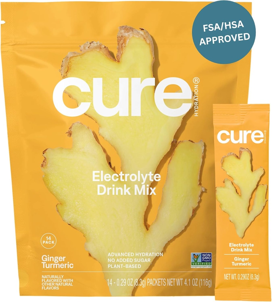 Cure Hydration | 식물 기반 전해질 음료 믹스 | 추가 설탕 없음 | FSA-HSA | 코코넛 워터로 만든 탈수 릴리프 분말 | 비 GMO | Vegan | 파우치 14 Packets - Ginger Turmeric