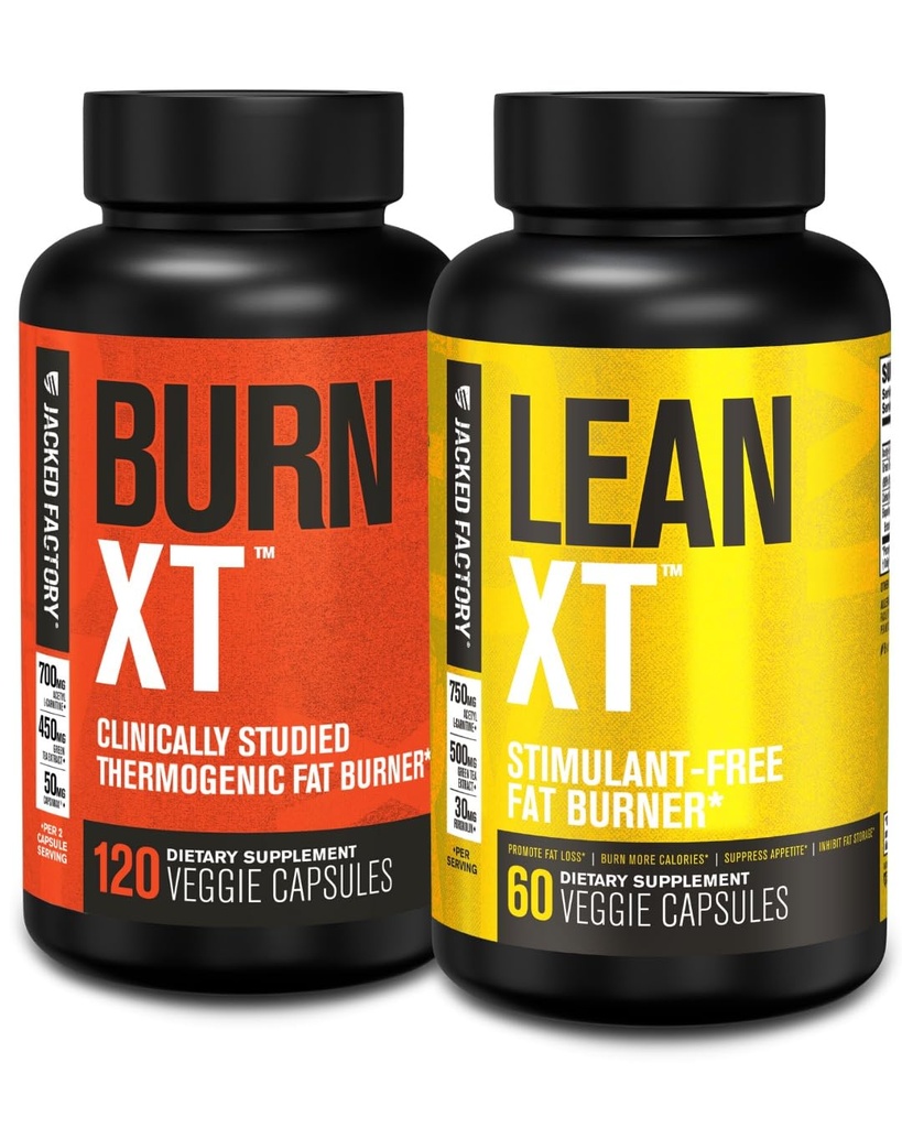 Jacked Factory Burn-XT Clinically Studied Fat Burner & 체중 감소 보충교재 - 식욕 억제제 & 에너지 부스터 (120 캡슐) & Lean-XT 카페인 자유로운 뚱뚱한 가열기 (60의 캡슐)