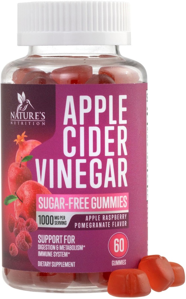 Apple Cider Vinegar Gummies 1000mg / 서빙 - 설탕 무료 최대 힘 ACV Gummy Vitamins 보충, 고급 공식, 비타민 B12 지원 Metabolism & Energy, Keto Friendly, Vegan, 60 Gummies