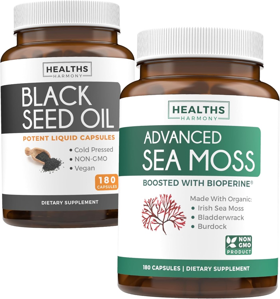 Black Seed Oil & Irish Sea Moss (3 개월 공급) - Black Seed Oil의 Power Duo 번들 (180 캡슐) Cold-Pressed Nigella Sativa & Irish Sea Moss (180 캡슐) Bioperine 및 Bladderwrack