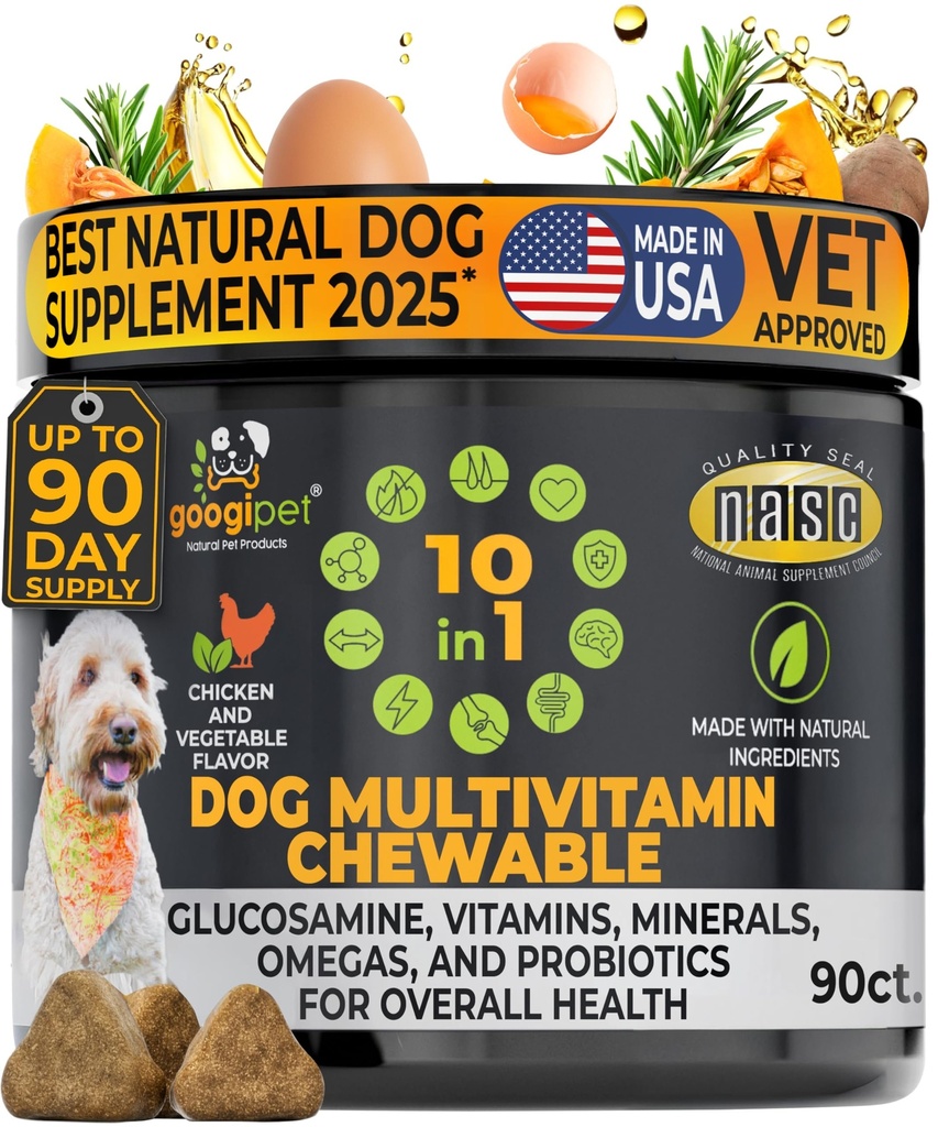 Googipet Premium 10 in 1 Dog Vitamins Multivitamin Chewable with Probiotics for Gut Health, Dog Vitamins and Supplements w/Vitamin C & Glucosamine for Joint Support (Chicken & Vegetable)