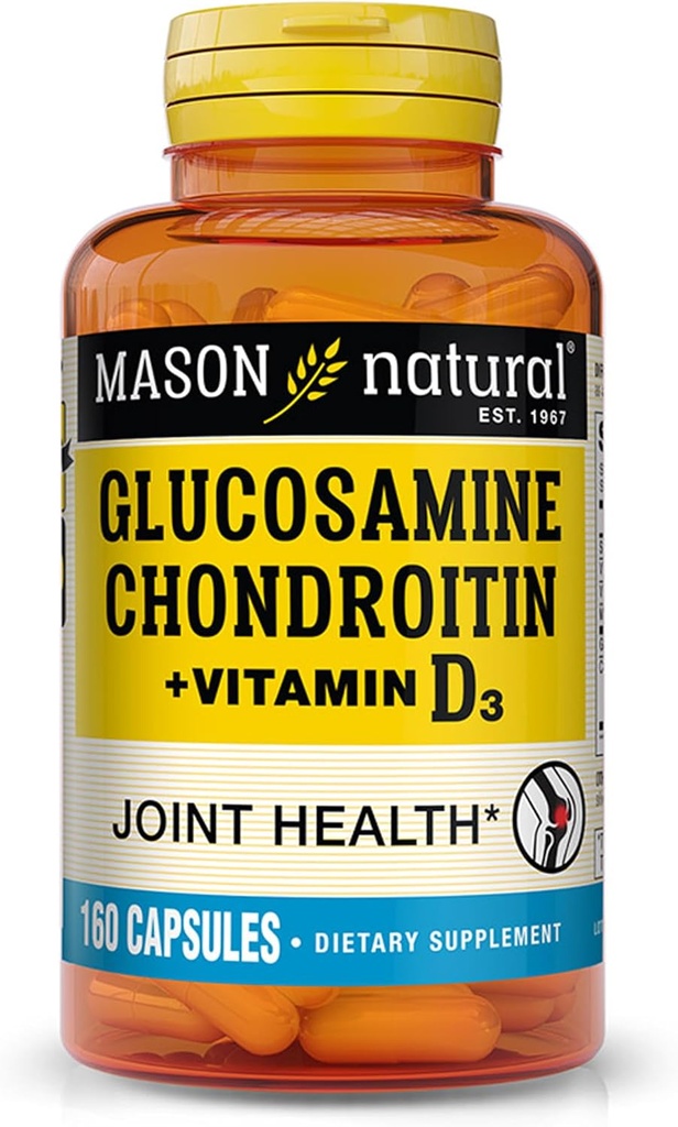 MASON NATURAL Glucosamine Chondroitin Plus Vitamin D3 - 관절 및 뼈 건강, 향상된 이동성 및 유연성, 160 캡슐 지원