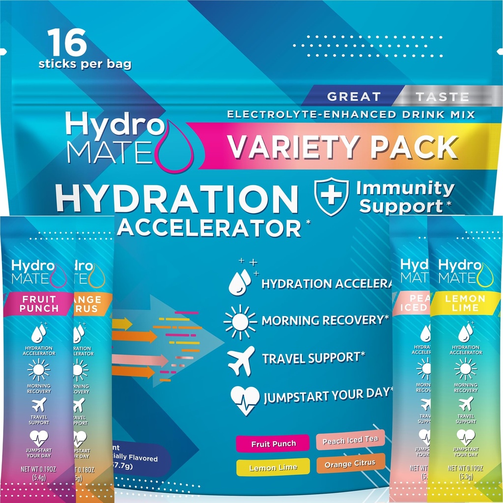 HydroMATE Electrolyte 분말 다양성 팩 Hydration 소포 낮은 설탕 16 조사