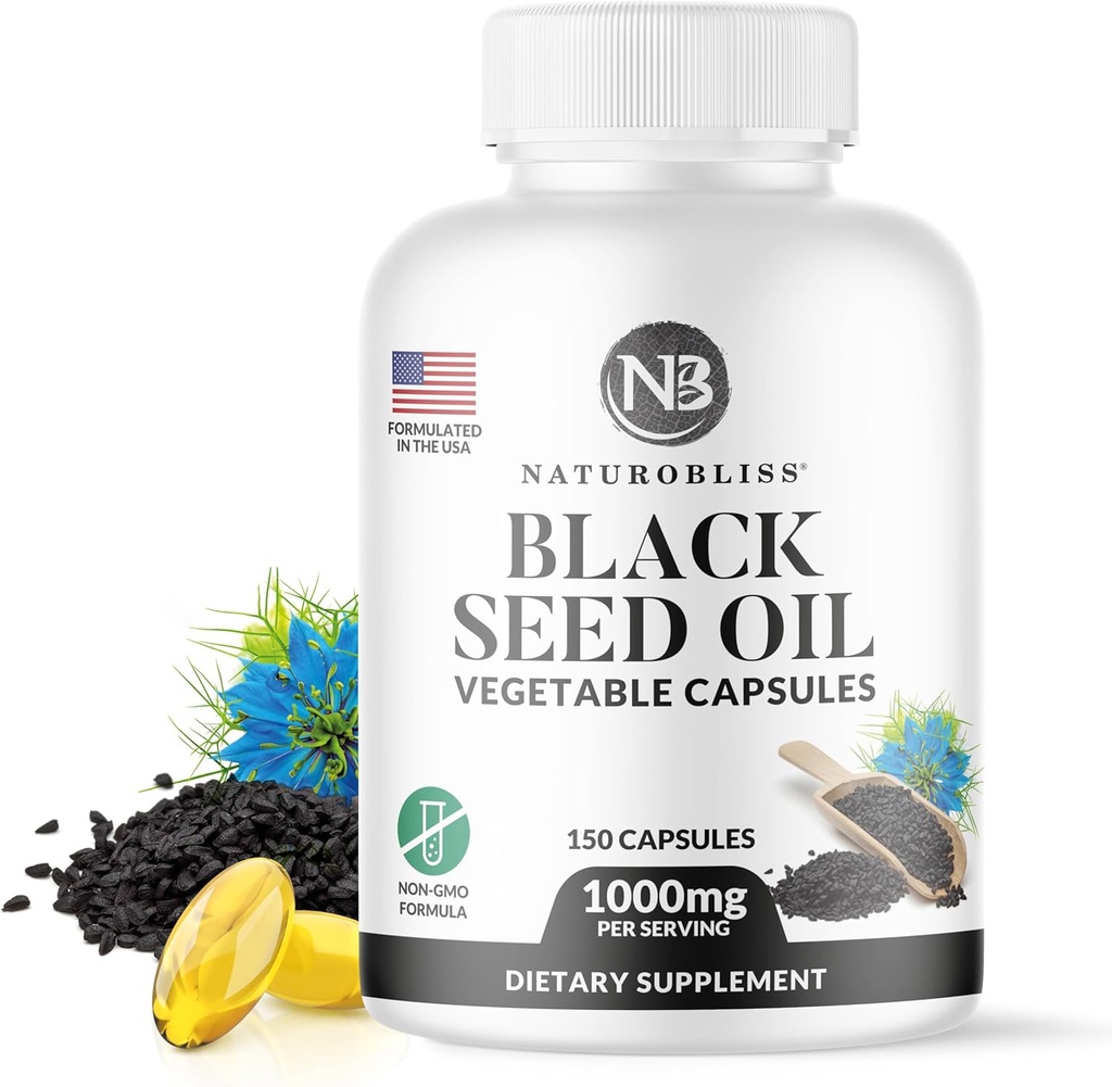 NaturoBliss 검정씨 기름 - 150 Softgel 캡슐 피부 건강 (Non-GMO & Vegan) 우수한 찬 압박된 Nigella Sativa 생성 순수한 까만 Cumin씨 기름 - 2 캡슐 서빙 당 1000mg - 75의 서빙