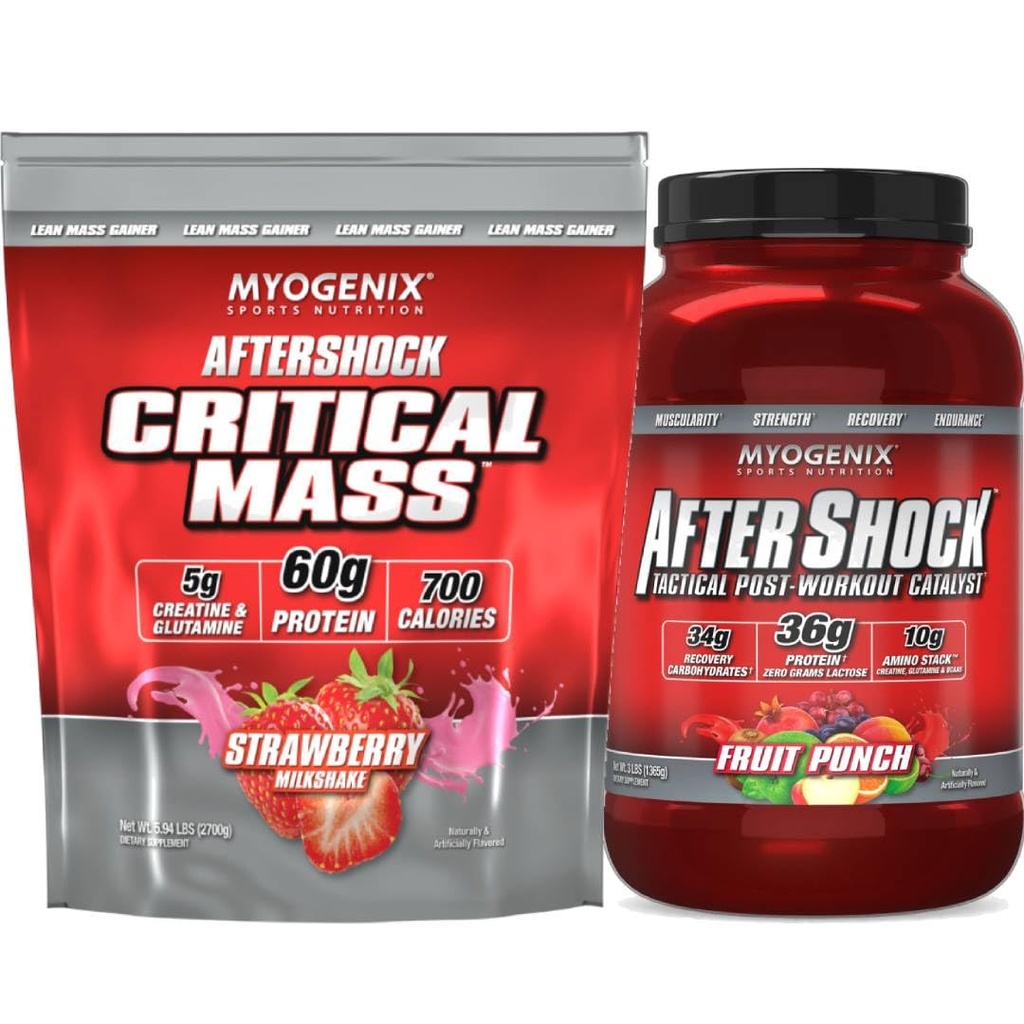 Myogenix Critical Mass Strawberry 5 lbs & Aftershock Fruit Punch 3 lbs – Critical Mass: Whey Protein Powder, Creatine & Glutamine – Aftershock: Recovery Carbohydrates, Protein Powder, & Aminos Stack