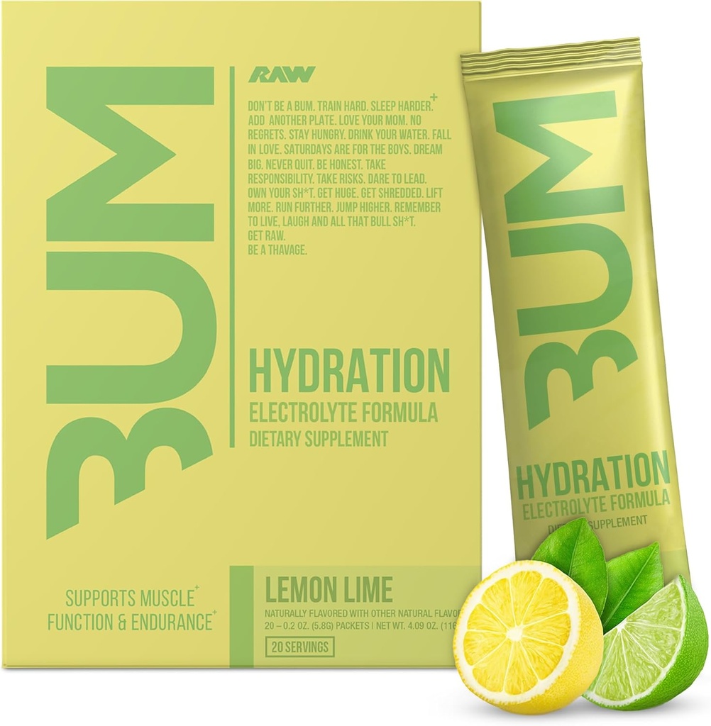 RAW Electrolytes Powder Hydration Drink Mix Packets, Bum Hydrate (Lemon Lime, 20 서빙) - Electrolyte Hydration Packets 근육 기능 및 내구시간 지원 - Keto Free Electrolytes Powder Packets