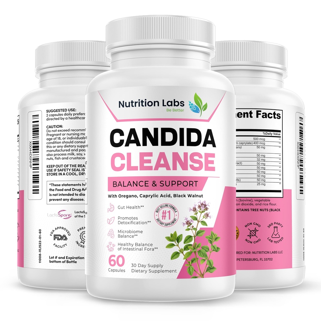 Candida는 균형 & 지원, Candidase Detox, 여자 & 남자를 위한 보충을 청소합니다. Gut 건강 & Flora, PH 수준, Intestinal 건강. Lactospore® 프로바이오틱스. 반대로 효모 Overgrowth W/ Oregano의 Caprylic 산